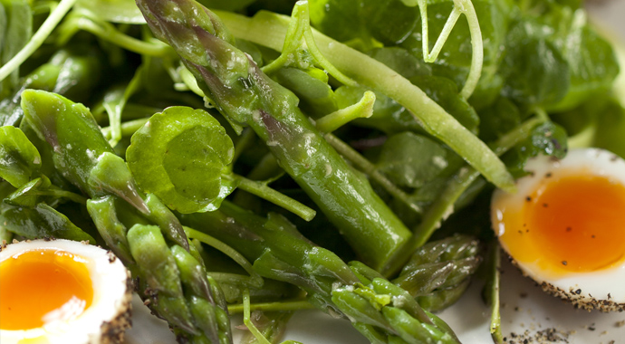 Asparagus with peppered soft boiled quails’ eggs, watercress and British wasabi dressing